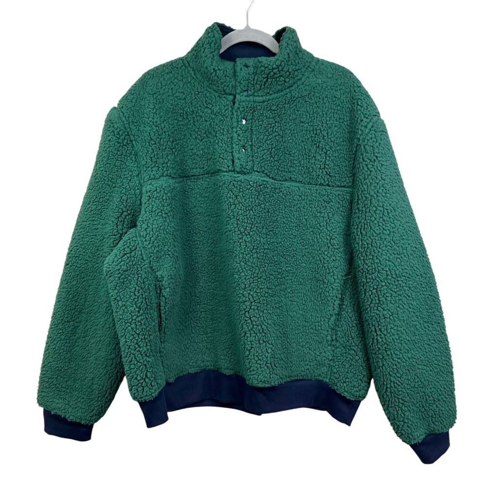 M. Singer Men Teddy Sweater Plush Sherpa Mock Neck Quarter Snap Pocket Green XL*